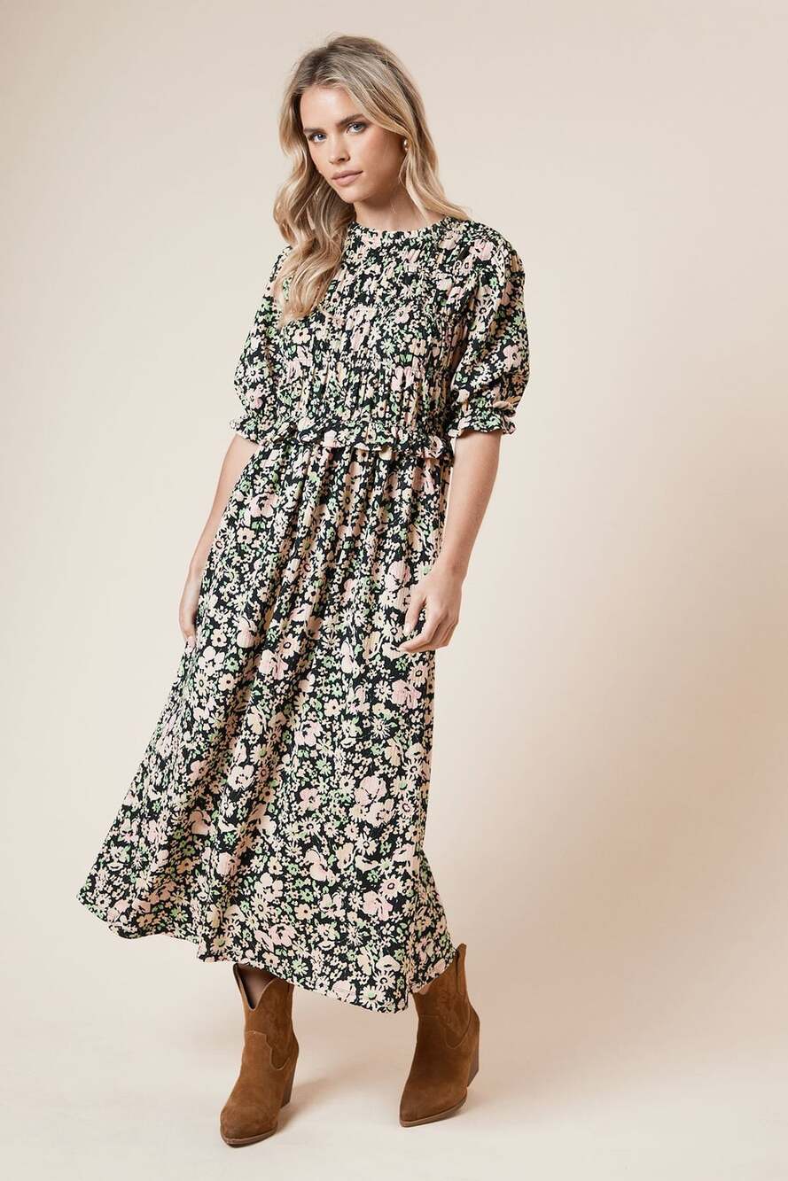 Natural Life Floral Maxi Dress XL Black Pink Smocked Midi